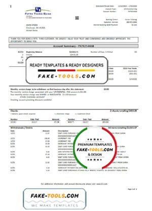 USA Fifth Third Bank statement in Word and PDF (.doc and .pdf) format, good for address prove
