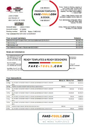 USA First Century Bank statement easy to fill template in Excel and PDF format
