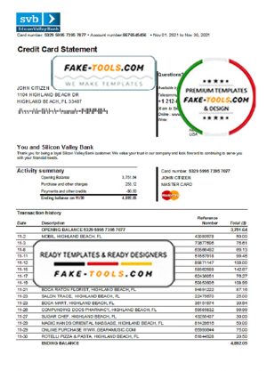 USA Florida Silicon Valley bank credit card statement template in Excel and PDF format