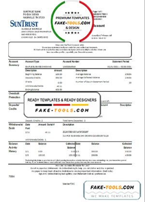 USA Georgia SunTrust bank statement template in Excel and PDF format