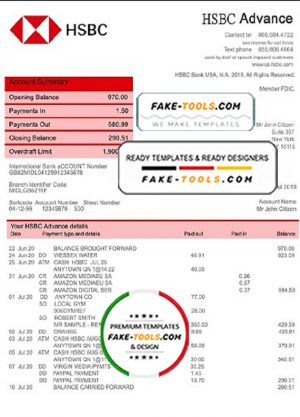 USA HSBC bank statement template, fully editable in PSD format