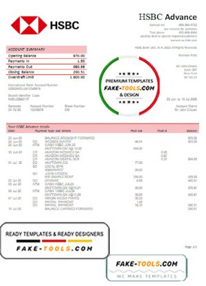 USA HSBC bank statement template in Word and PDF format