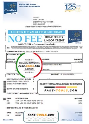 USA Indiana Centier bank statement template in Excel and PDF format