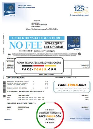 USA Indiana Centier bank statement template in Word and PDF format