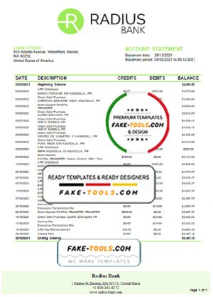 USA Massachusetts Radius Bank statement easy to fill template in Excel and PDF format