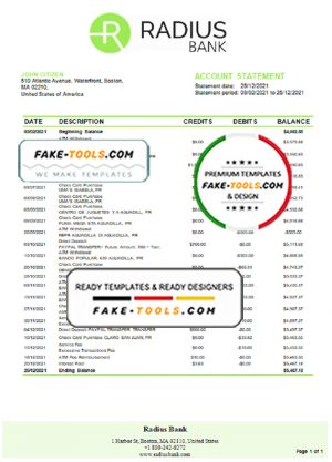 USA Massachusetts Radius Bank statement template in Word and PDF format
