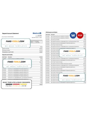 USA Metabank deposit account statement, Word and PDF template, 3 pages