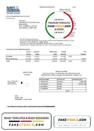 USA Navy Federal Credit Union bank statement template in Excel and PDF format