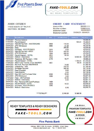 USA Nebraska Five Points Bank credit card statement template in Word and PDF format