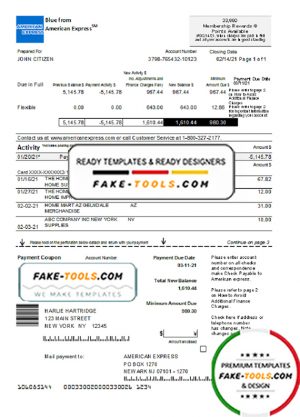USA New York American Express Blue bank statement in Excel and PDF format