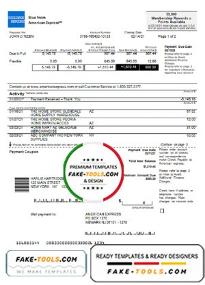 USA New York American Express Blue bank statement in Word and PDF format
