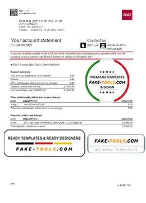 USA North Carolina BB&T Corp. bank account statement template in Excel and PDF format