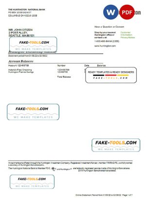 USA Ohio Huntington bank statement Word and PDF template, 7 pages