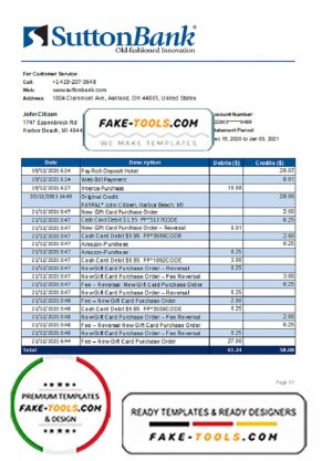 USA Ohio Sutton Bank statement template in .xls and .pdf file format