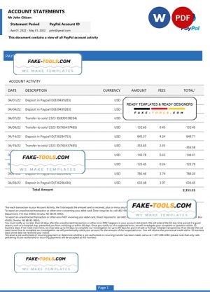 USA PayPal account statement Word and PDF template