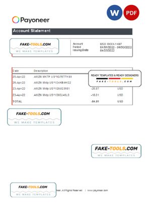 USA Payoneer account statement Excel and PDF template
