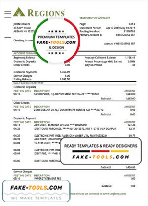 USA Regions bank proof of address statement template in Word and PDF format