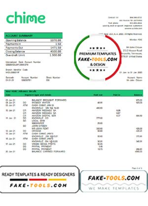 USA San Francisco CHIME bank statement template in Word and PDF format