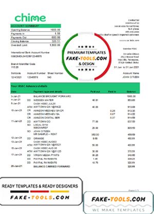 USA San Francisco Chime bank statement template in Excel and PDF format