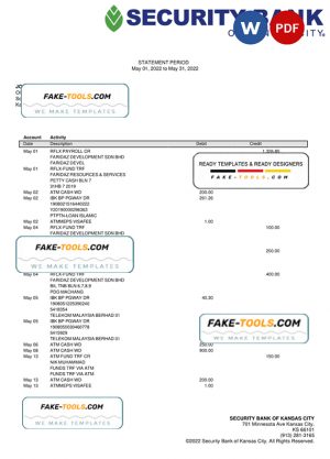 USA Security Bank of Kansas city bank statement Word and PDF template