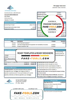 USA Springside Mortgage bank statement template in Excel and PDF format