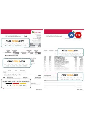 USA St. George bank visa card statement, Word and PDF template, 3 pages