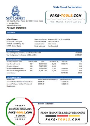 USA State Street Corporation bank statement template in Excel and PDF format