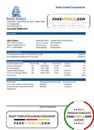 USA State Street Corporation bank statement template in Word and PDF format