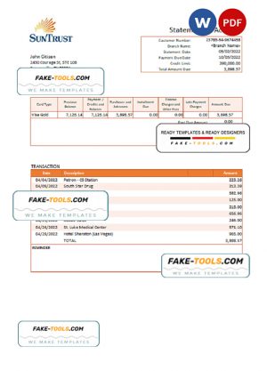 USA SunTrust bank statement Word and PDF template, version 2