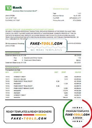 USA TD bank statement template in .xls and .pdf file format