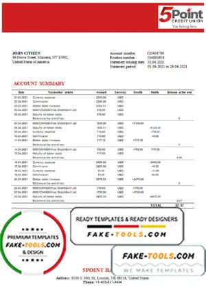 USA Texas 5Point Credit Union bank statement template in Word and PDF format