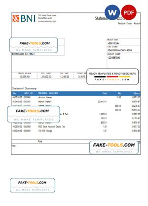 USA Texas BNI bank account statement Word and PDF template