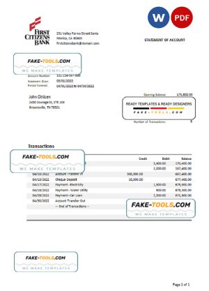 USA Texas First Citizens bank statement Word and PDF template
