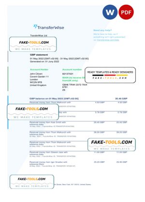 USA TransferWise Finances bank statement template in Word and PDF format