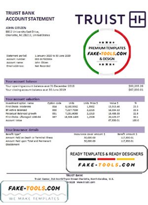 USA Truist bank proof of address statement template in Word and PDF format