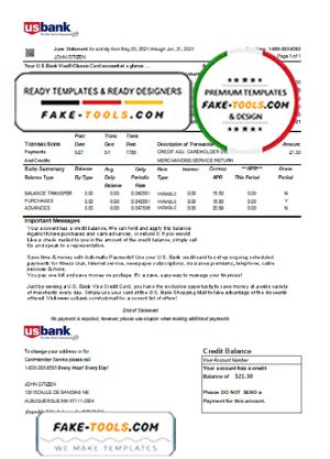 USA U.S. bank credit card statement template in Excel and PDF file format