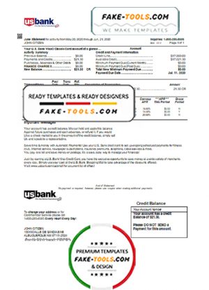 USA U.S. bank credit card statement template in Word and PDF format