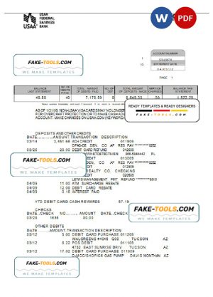 USA USAA bank statement Word and PDF template, 5 pages