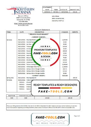 USA University of Southern Indiana account billing statement template in Excel and PDF (.xls and .pdf file) format