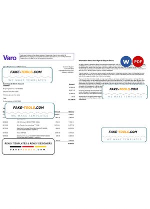USA Varo bank statement, Word and PDF template, 2 pages, version 2