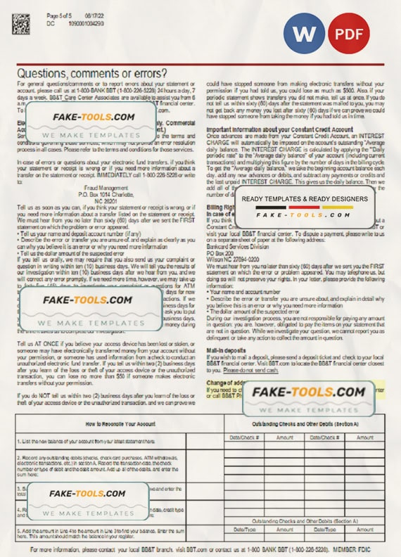 USA Washington BB&T bank statement Word and PDF template, 5 pages USA Washington BB&T bank statement Word and PDF template, 5 pages