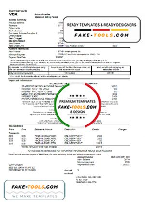 USA Wells Fargo bank credit card statement template in Excel and PDF format