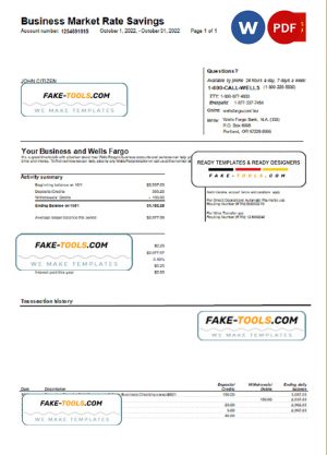 USA Wells Fargo bank statement Word and PDF template, version 2
