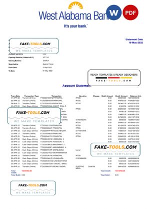 USA West Alabama bank statement Word and PDF template
