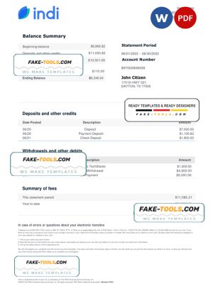 USA indi bank statement, Word and PDF template