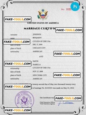 USA marriage certificate PSD template, completely editable