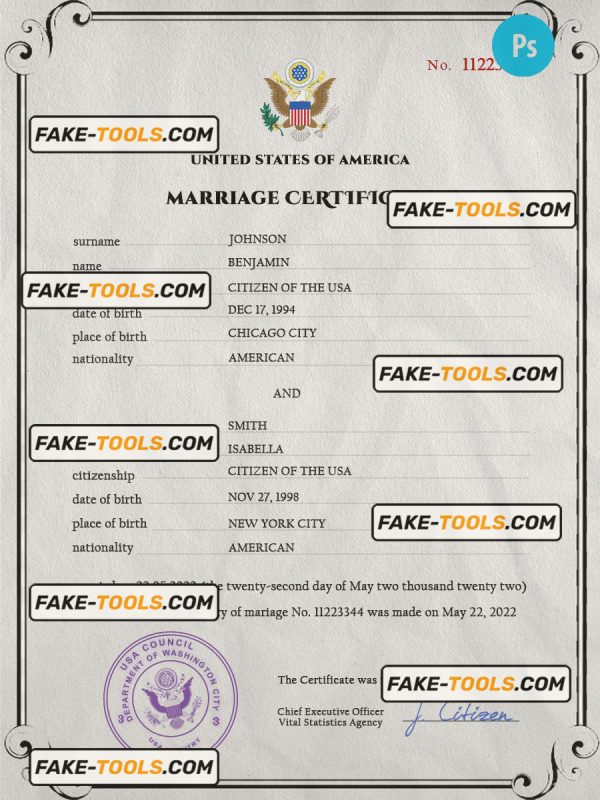 USA marriage certificate PSD template, completely editable