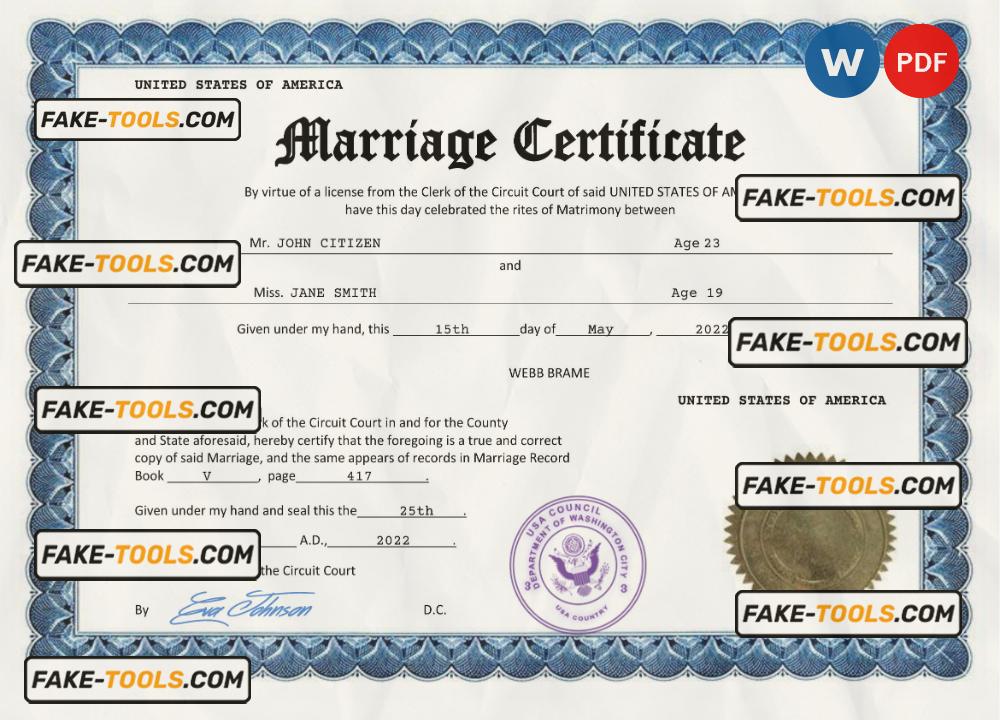 USA marriage certificate Word and PDF template, completely editable scan effect