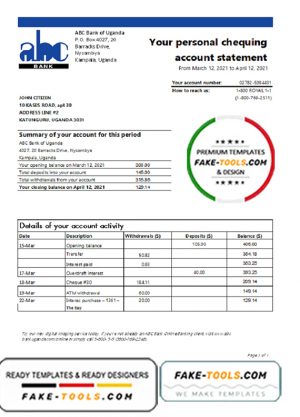 Uganda ABC Bank of Uganda bank statement template in Excel and PDF format