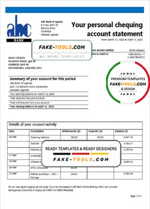 Uganda ABC Bank of Uganda proof of address bank statement template in Word and PDF format (.doc and .pdf)
